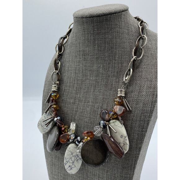 Laura Ashley Chain Leather Cord Statement Necklace Dangle Beads Marble Crystals - Picture 7 of 10